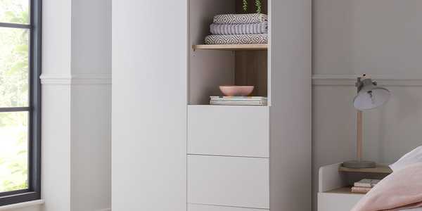 Image or a white, one-door rwardrobe with three shelves and three drawers.